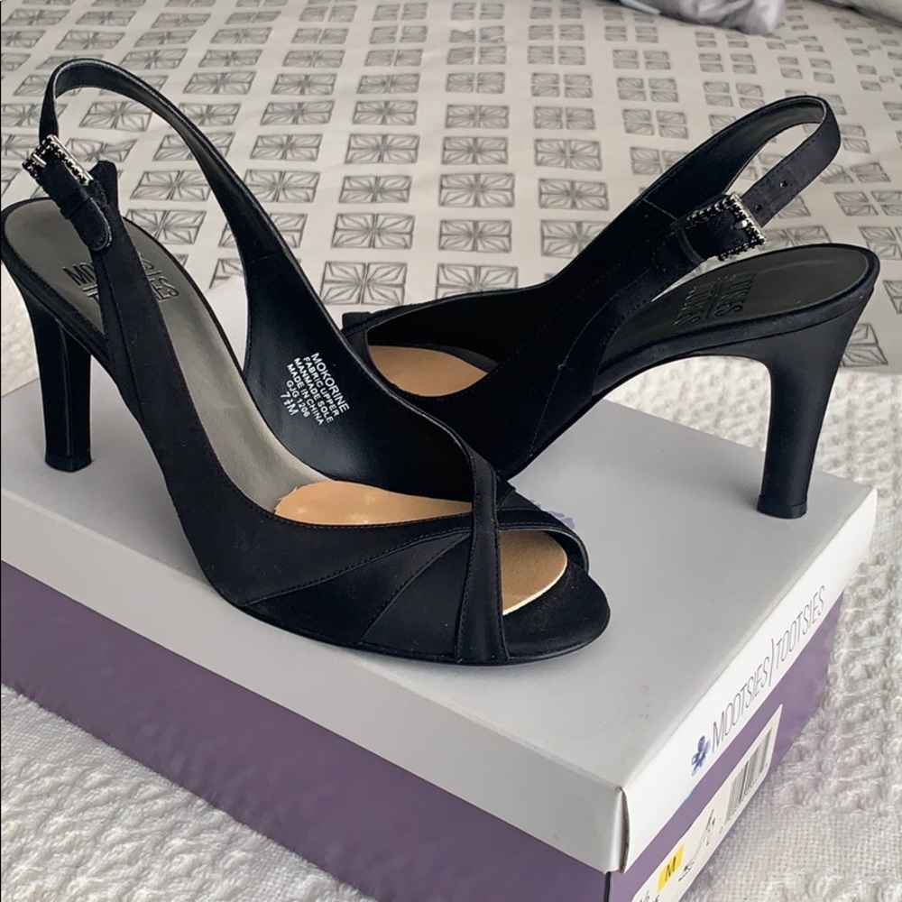 Black satin peep toe heels